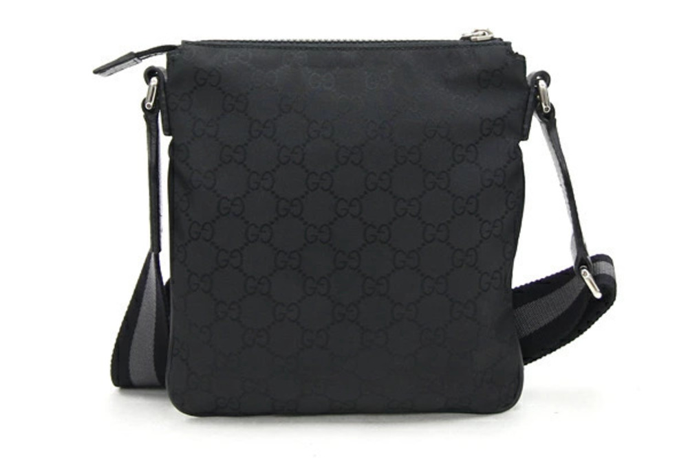 Gucci Shoulder Sacoche Gusset Leather Pouch Canvas Bag GG Crossbody Black